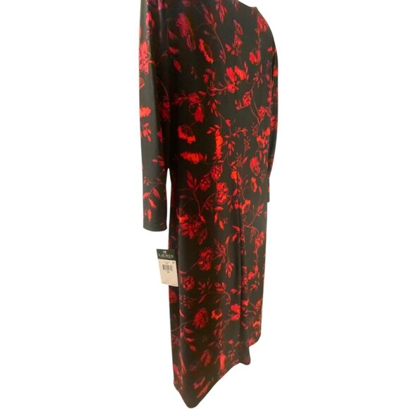 Lauren Ralph Lauren Dress 16 Surplice Jersey Faux Wrap Black Red Midi - Picture 4 of 15